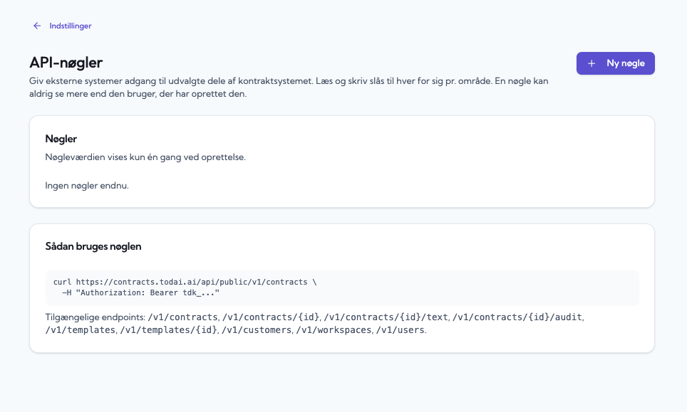 API-nøgler under Indstillinger i Todai Contracts