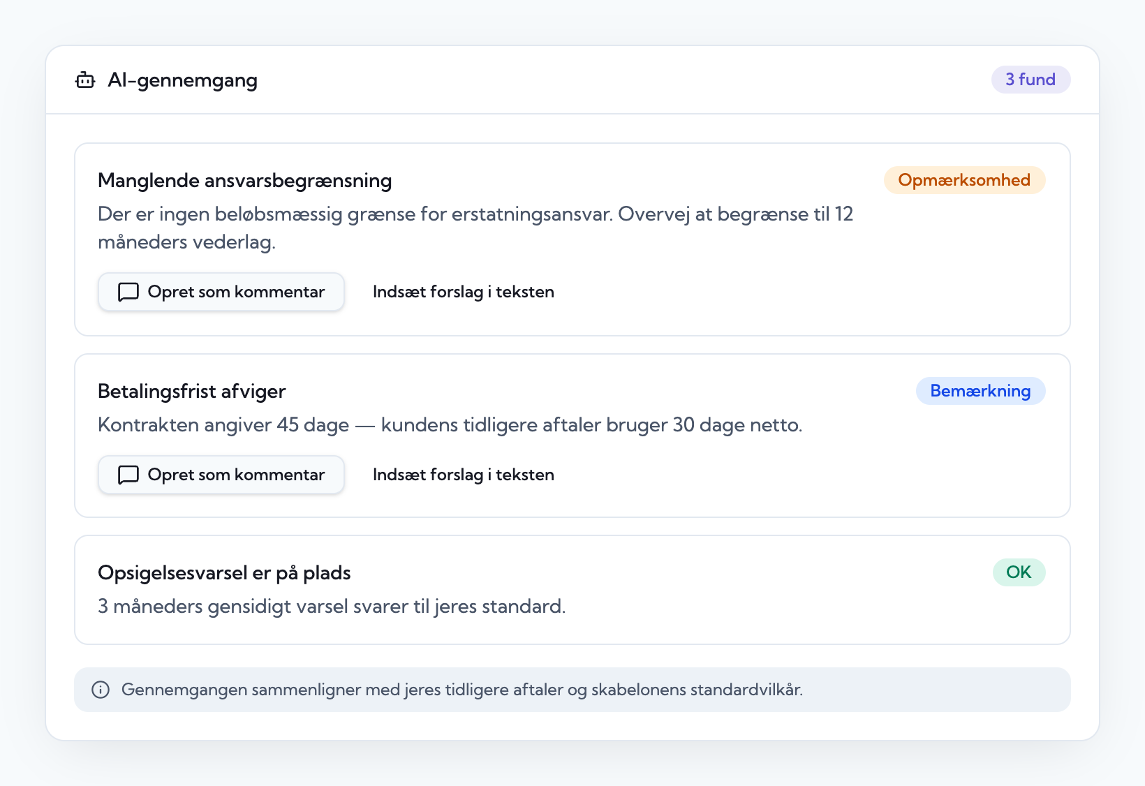AI-gennemgang med fund og forslag