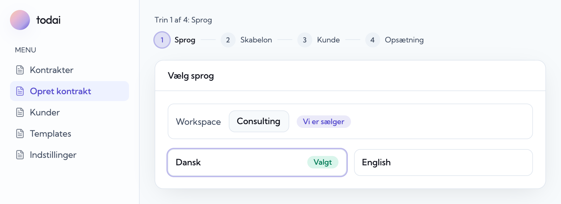 Trin 1: workspace og sprog