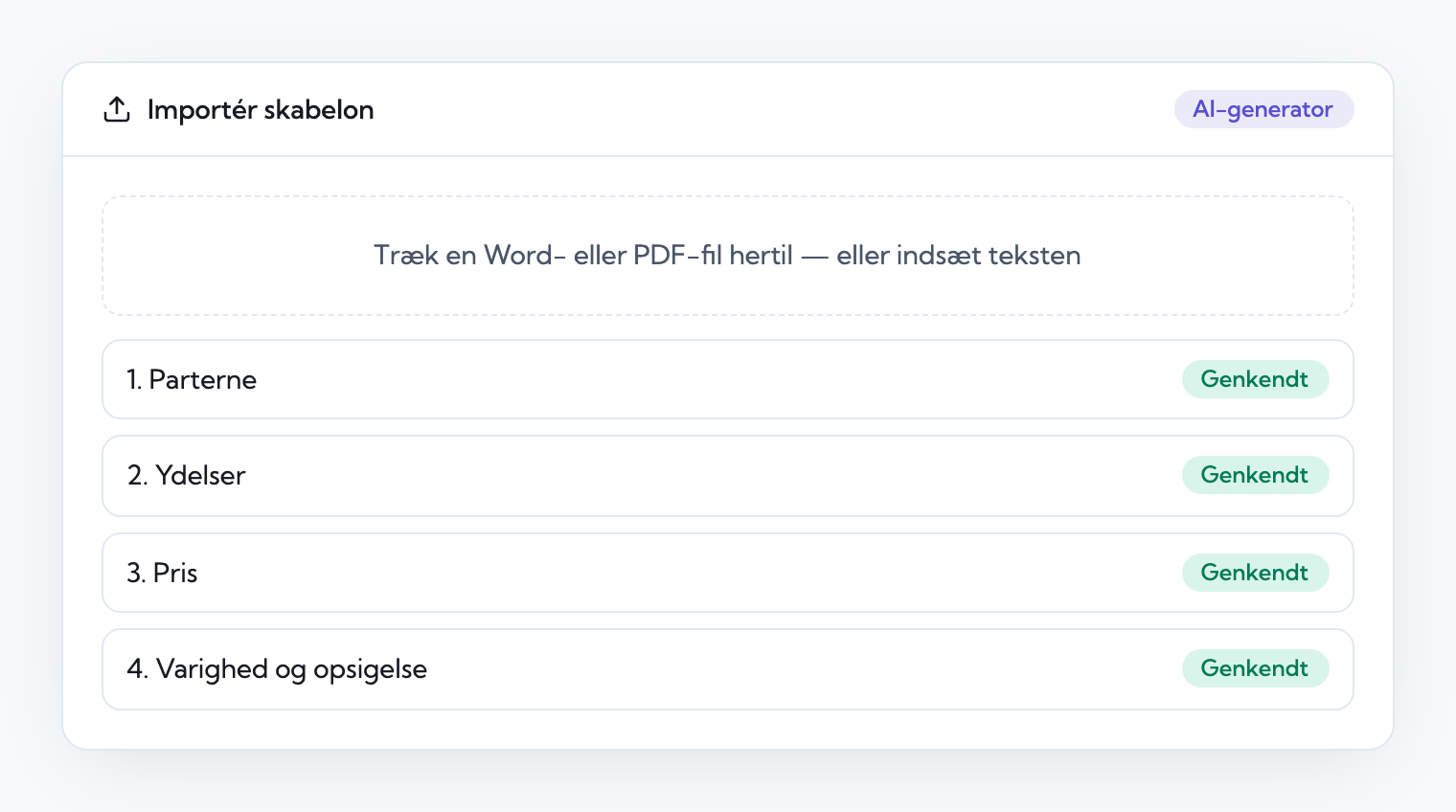 Import af skabelon fra Word eller PDF