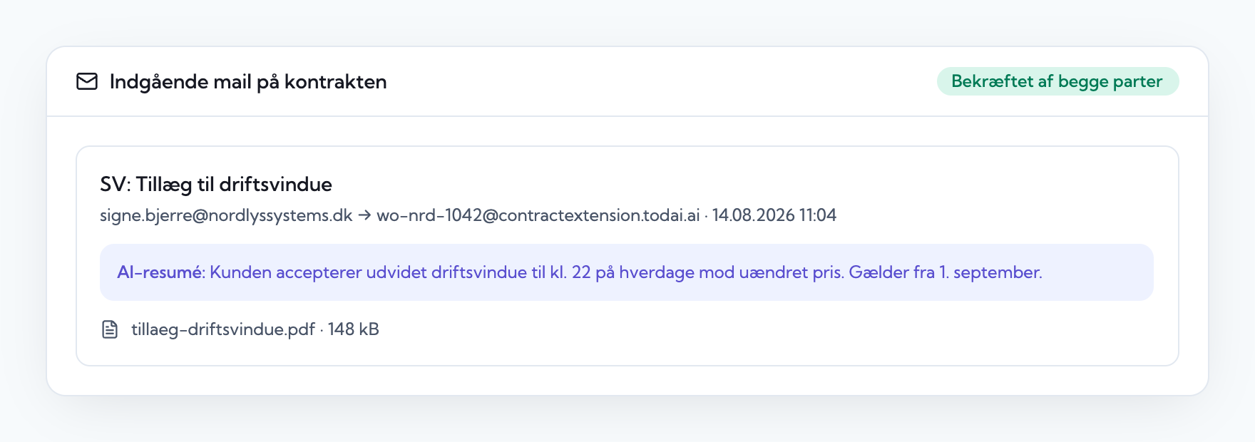 Indgående mail på kontrakten