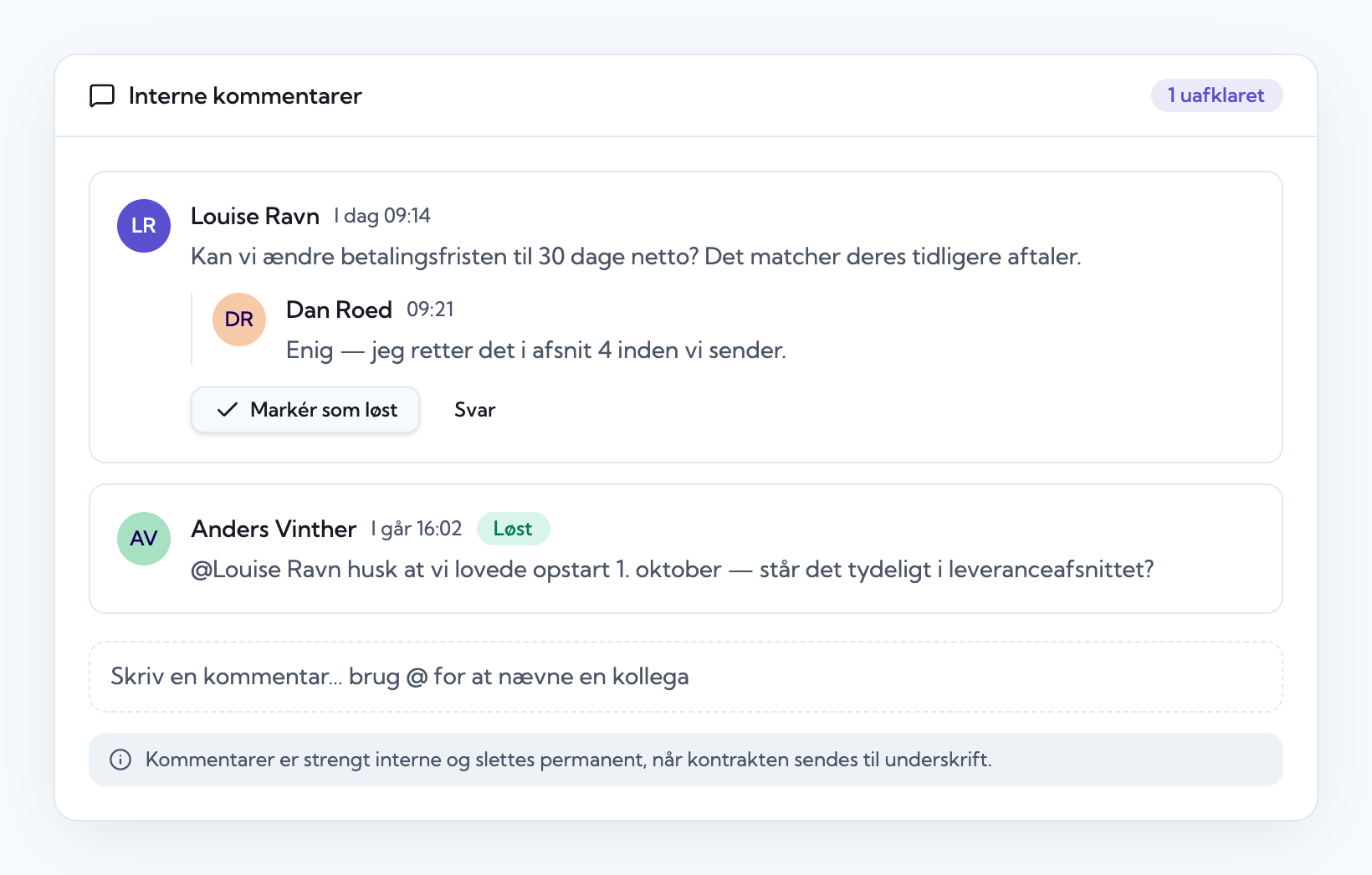 Interne kommentarer på kontrakten