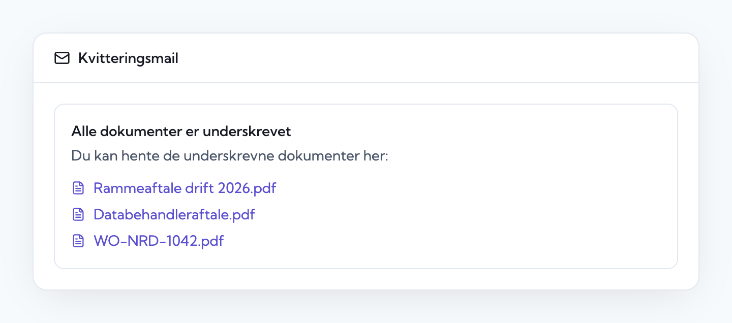 Kvitteringsmail med alle dokumenter