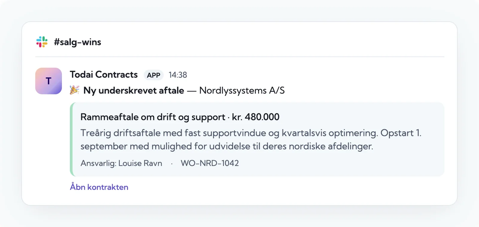 Slack-besked ved vundet aftale