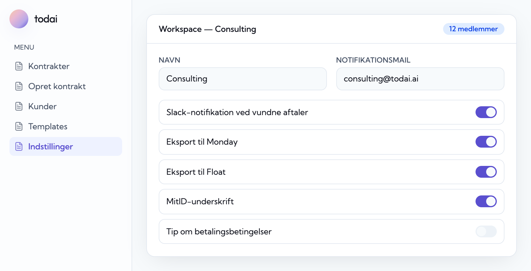 Eksport til Float i workspace-indstillinger
