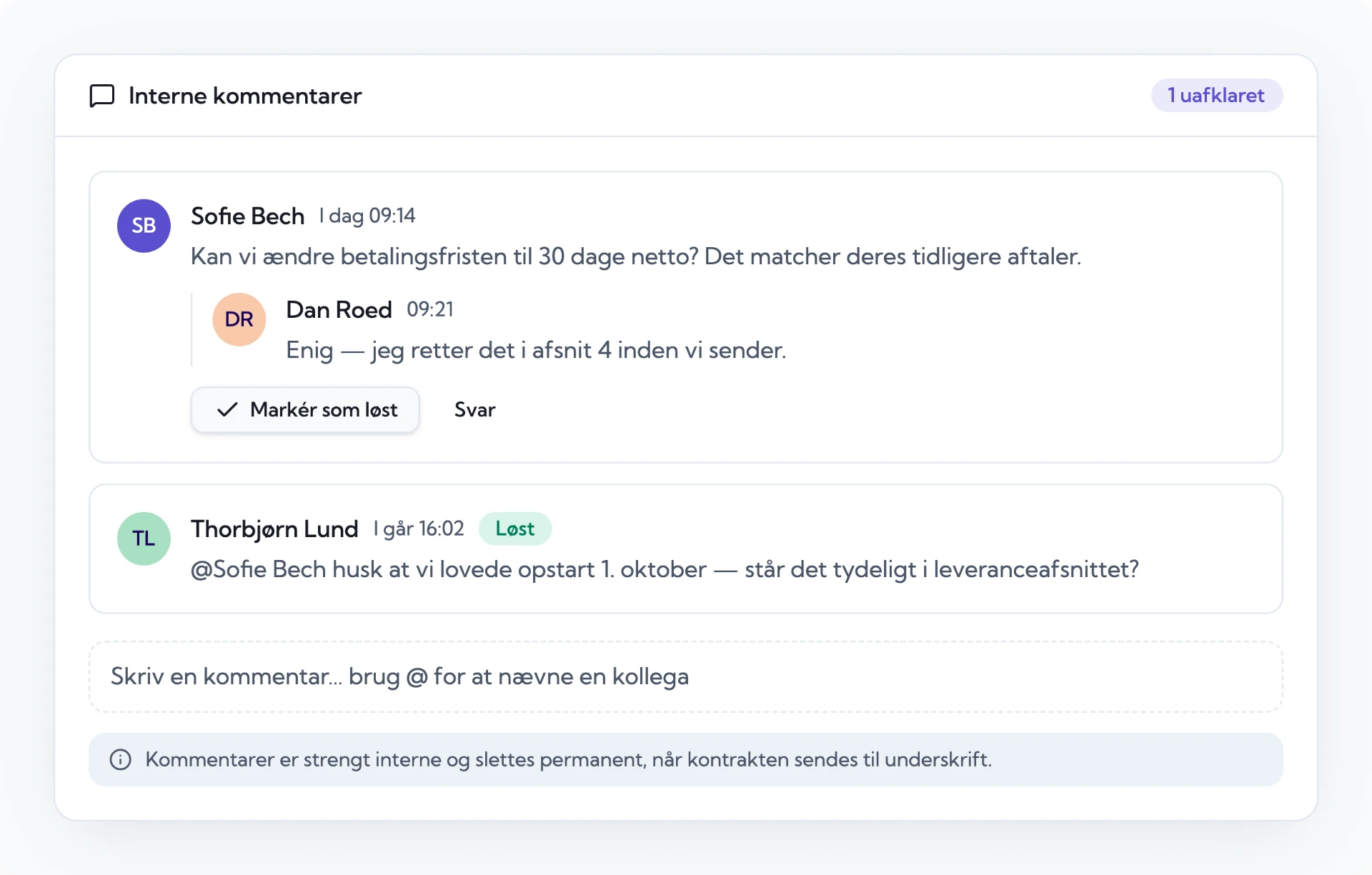 Interne kommentarer med tråde, @-nævnelser og markering som løst