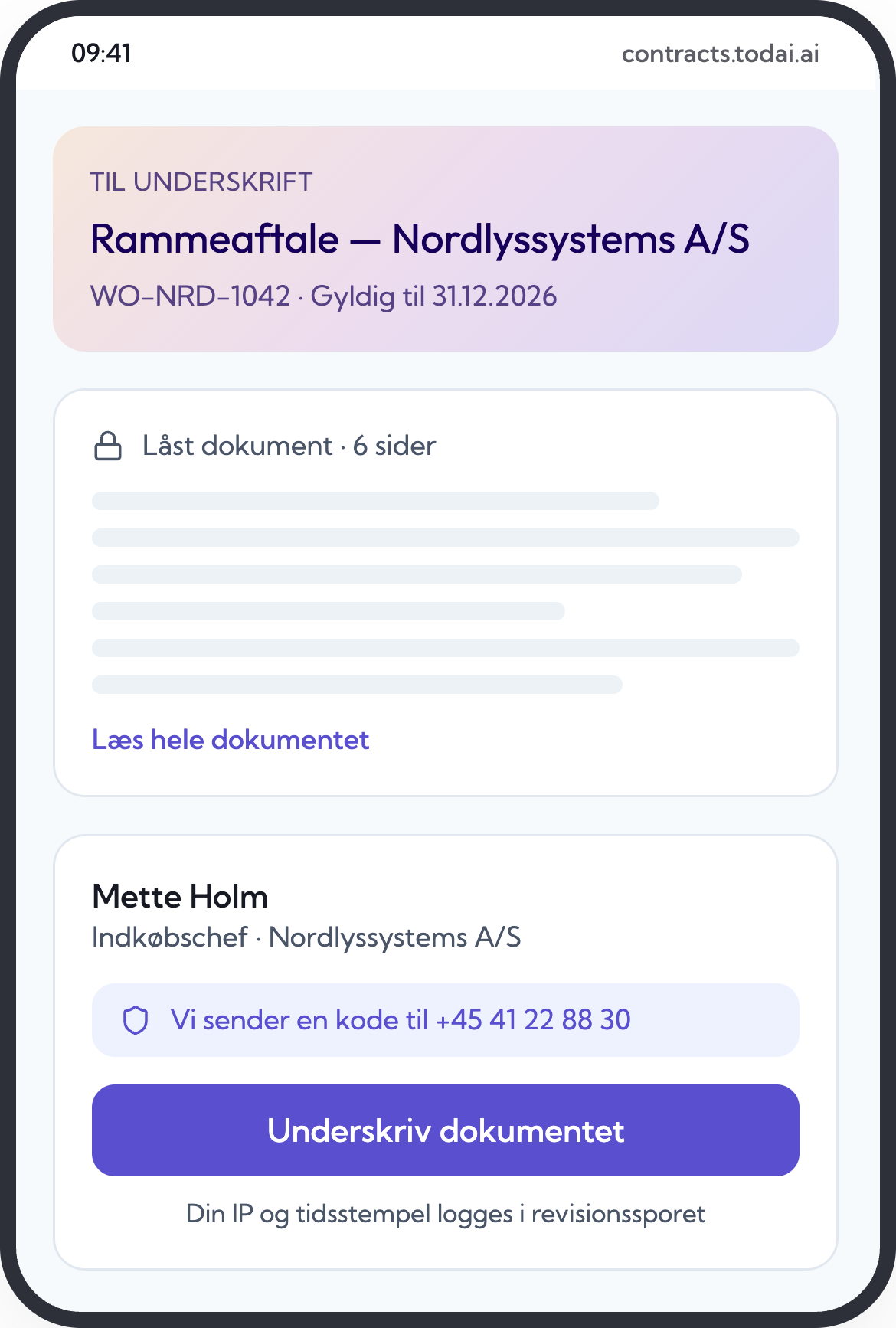 Underskriftsside på mobil